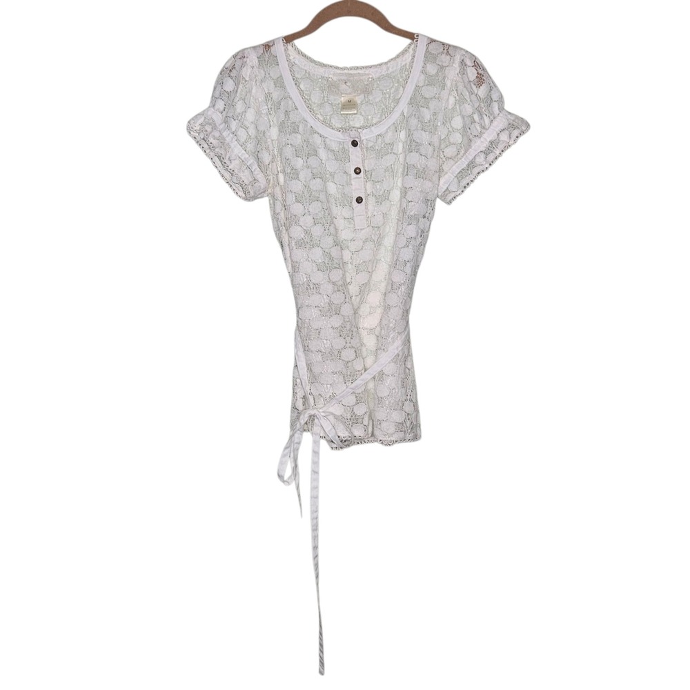 Nick & Me Sheer Lace Cottagecore White M Short Sleeve Button Up Top‎ Belt Bow